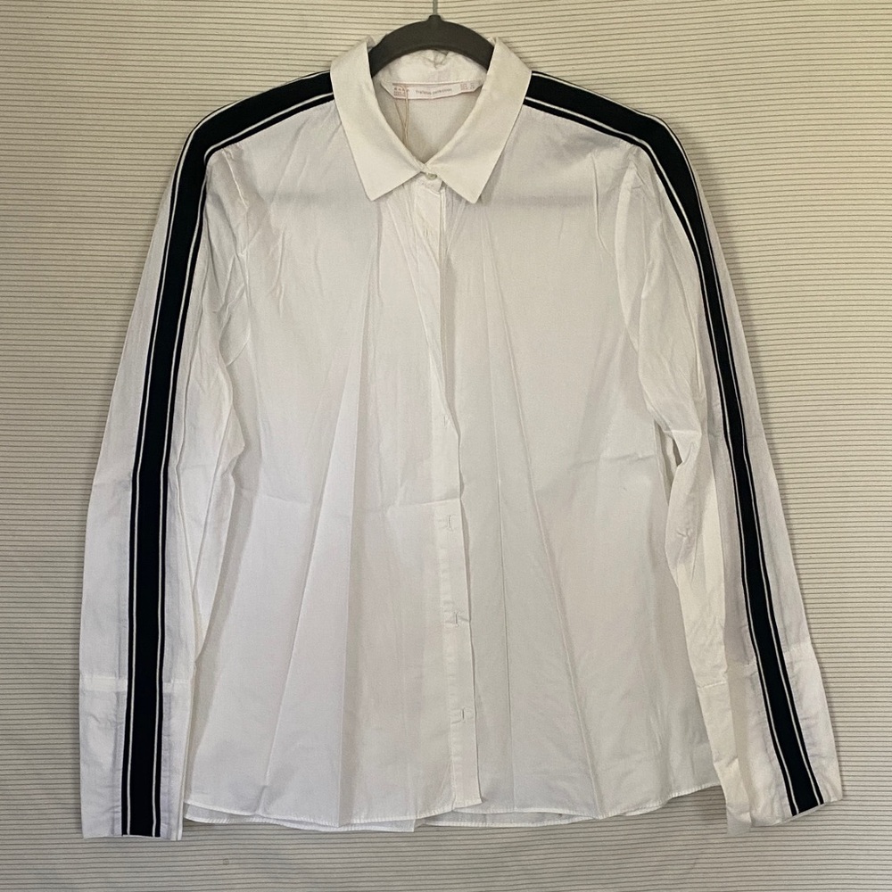 Zara White Button-Down Shirt with Black Stripe Sleeves